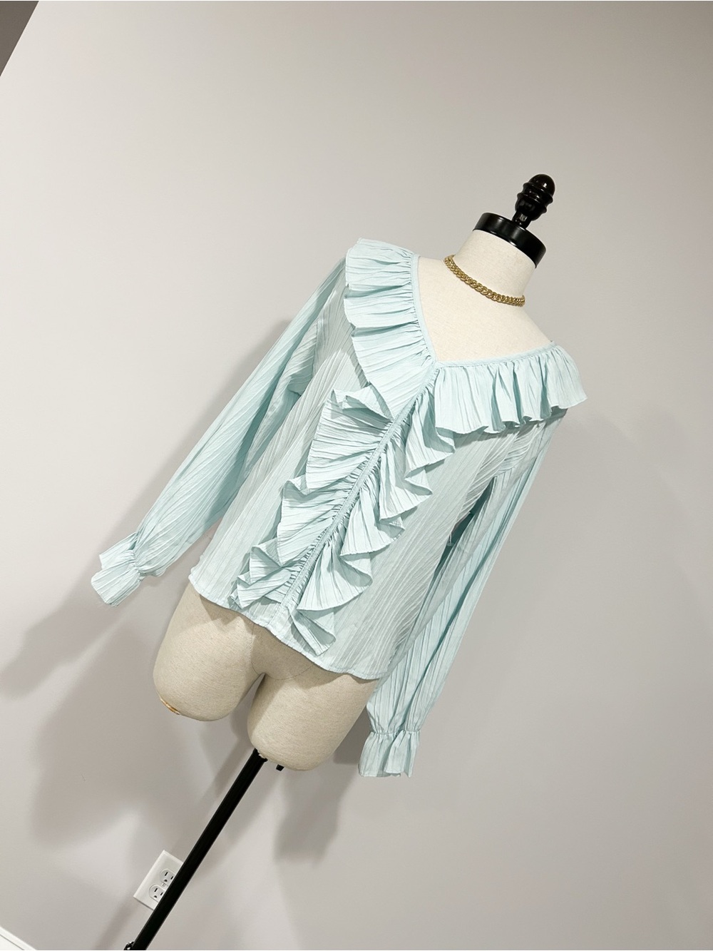 One-Shoulder Ruffle Stripe Blouse in Light Aqua